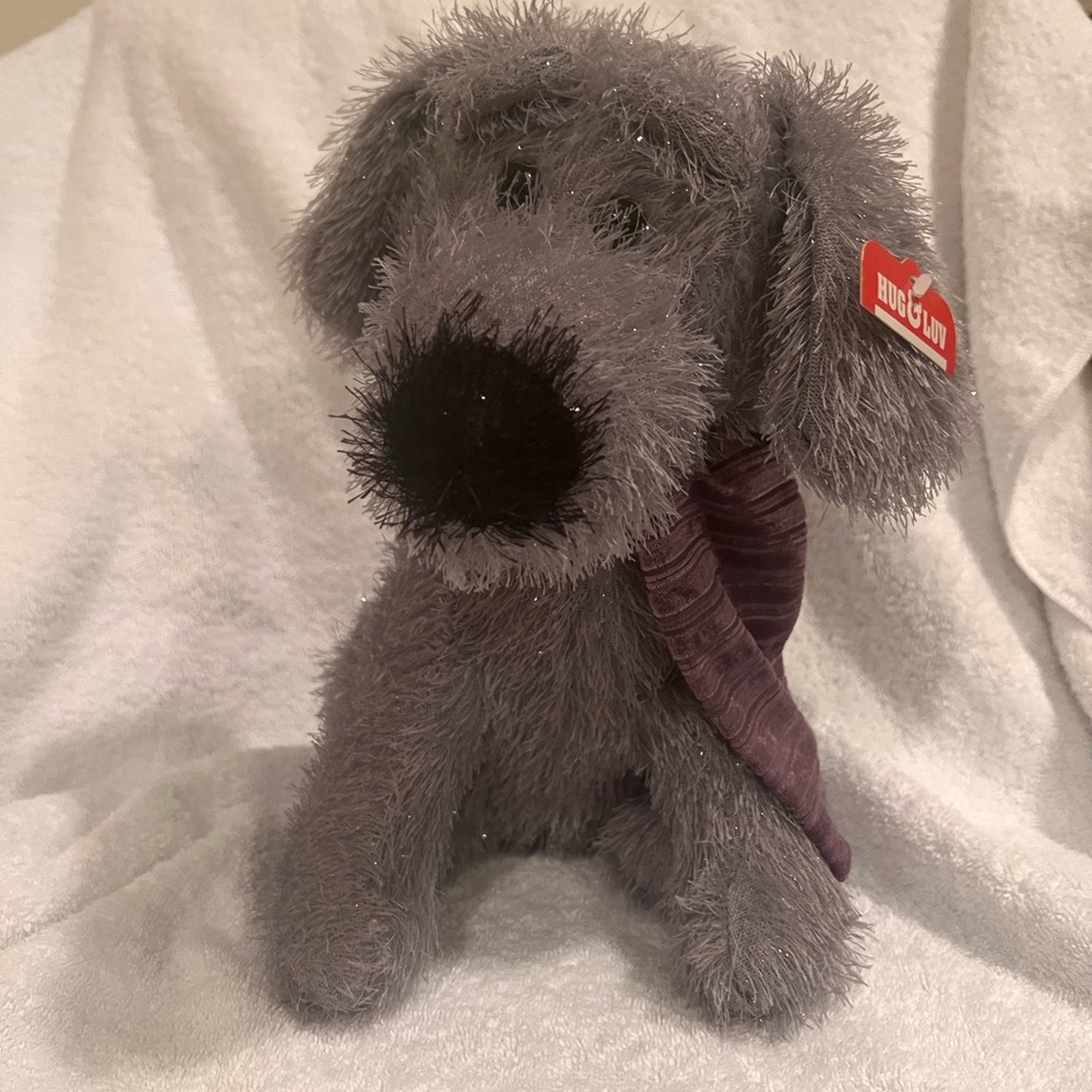 GRAY SPARKLY STUFFED DOG WITH PURPLE VELVET SCARF - NWT